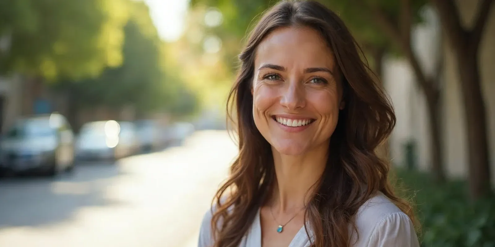 A relaxed portrait of a woman in her 30s standing outdoors in Studio City, smiling naturally in soft afternoon light, with a