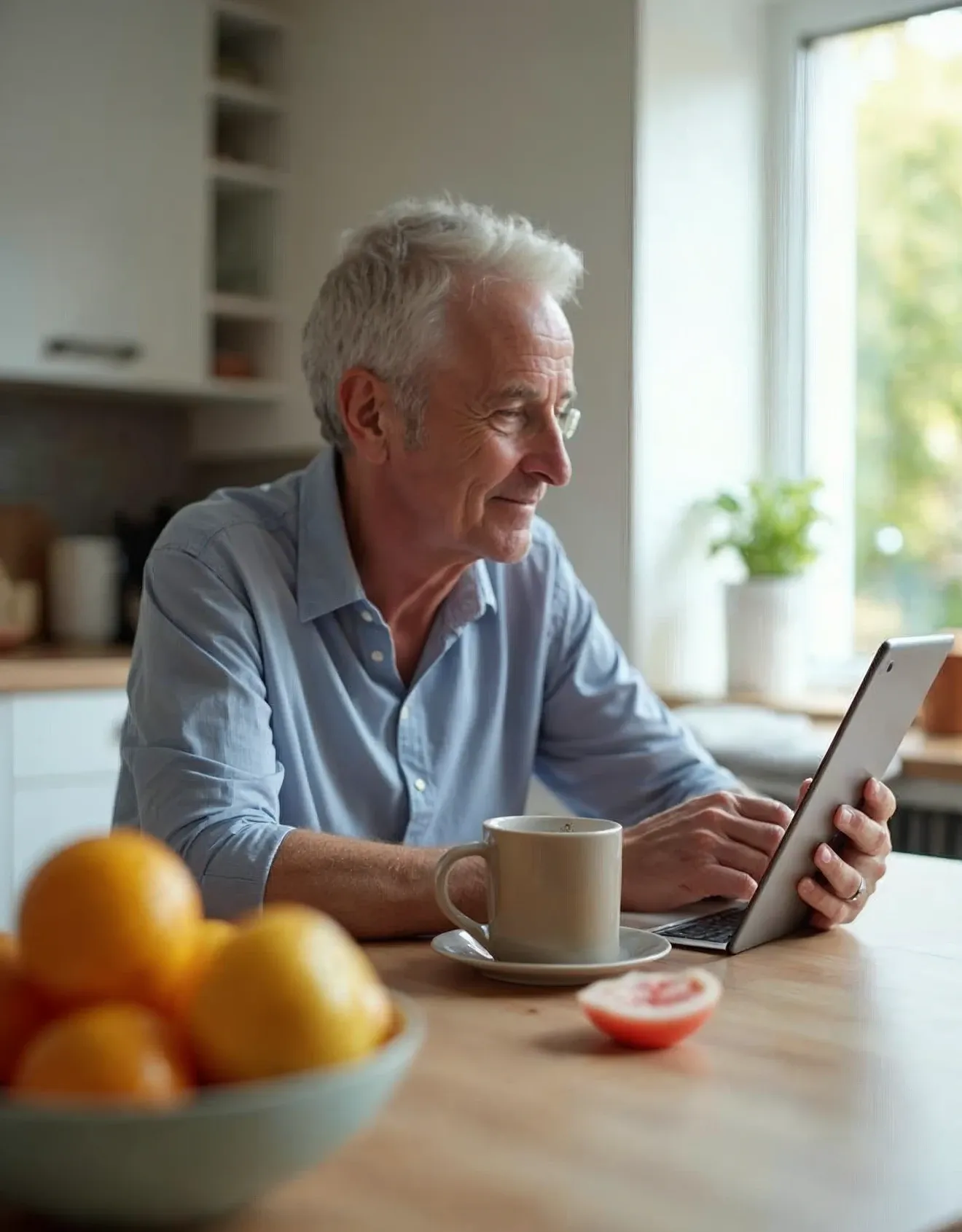 A bright home scene at a kitchen table where an adult patient looks at a small tablet beside a mug and fruit bowl, with calm